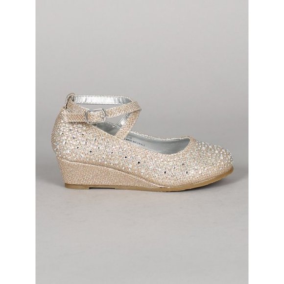 Toddler /Little/ Big Glitter Rhinestone Crisscross Kitten Wedge Heel Pump -RGold - Picture 4 of 5
